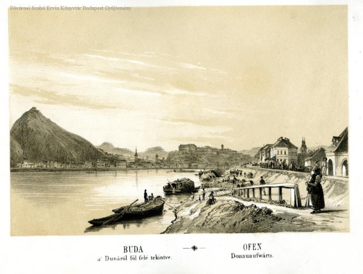 A Duna partja kiépítetlen állapotában Alt Rudolf  1845-ös metszetén (Forrás: FSZEK Budapest Gyűjtemény) 0dc6fc1e-47a5-4754-81ba-c172b00470d6.jpg