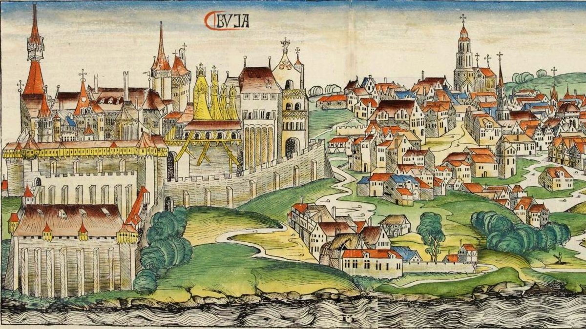 Buda vára egyik fénykorát Mátyás idején élte. Ábrázolás a Nürnbergi krónikában, 1493 Nürnbergi krónika Buda.jpg