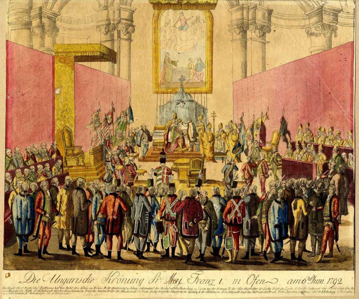I. Ferenc megkoronázása Budán a ferences Mária Magdolna-templomban 1792-ben (Forrás: Magyar Nemzeti Múzeum TK Grafikai Gyűjtemény, 10716 lt. sz.) TK_GR_10716_Nr001_1.jpg