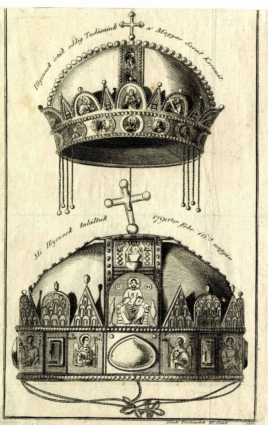 Binder János Fülöp: A Szent Korona régebbi képe és újabb, "valóságos" ábrázolása 1790-ben (Forrás: Magyar Nemzeti Múzeum TK Grafikai Gyűjtemény, 1941/16 lt. sz.) TK_GR_16_1941_Nr001 (1)_1.jpg