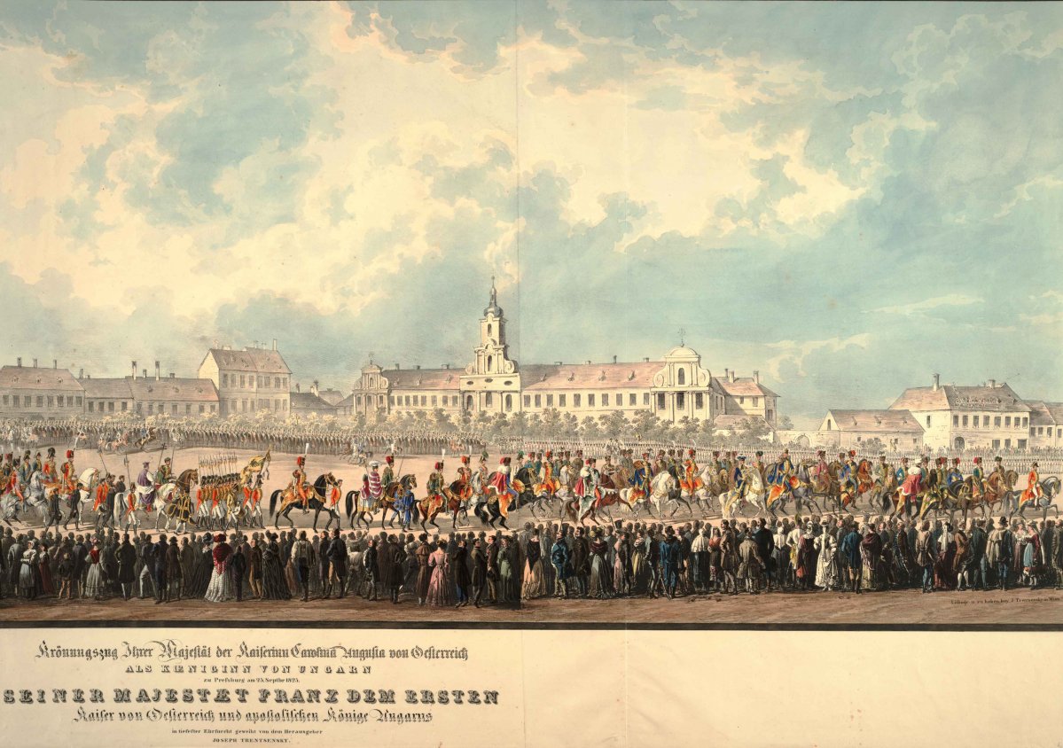 Karolina Auguszta osztrák császárné, magyar és cseh királyné menetének eleje Pozsonyban, 1825. szeptember 25. Kaiserinn_Carolina_Augusta_von_Oesterreich_als_Koeniginn_von_Ungarn_zu_Pressburg_am_25_1.jpg
