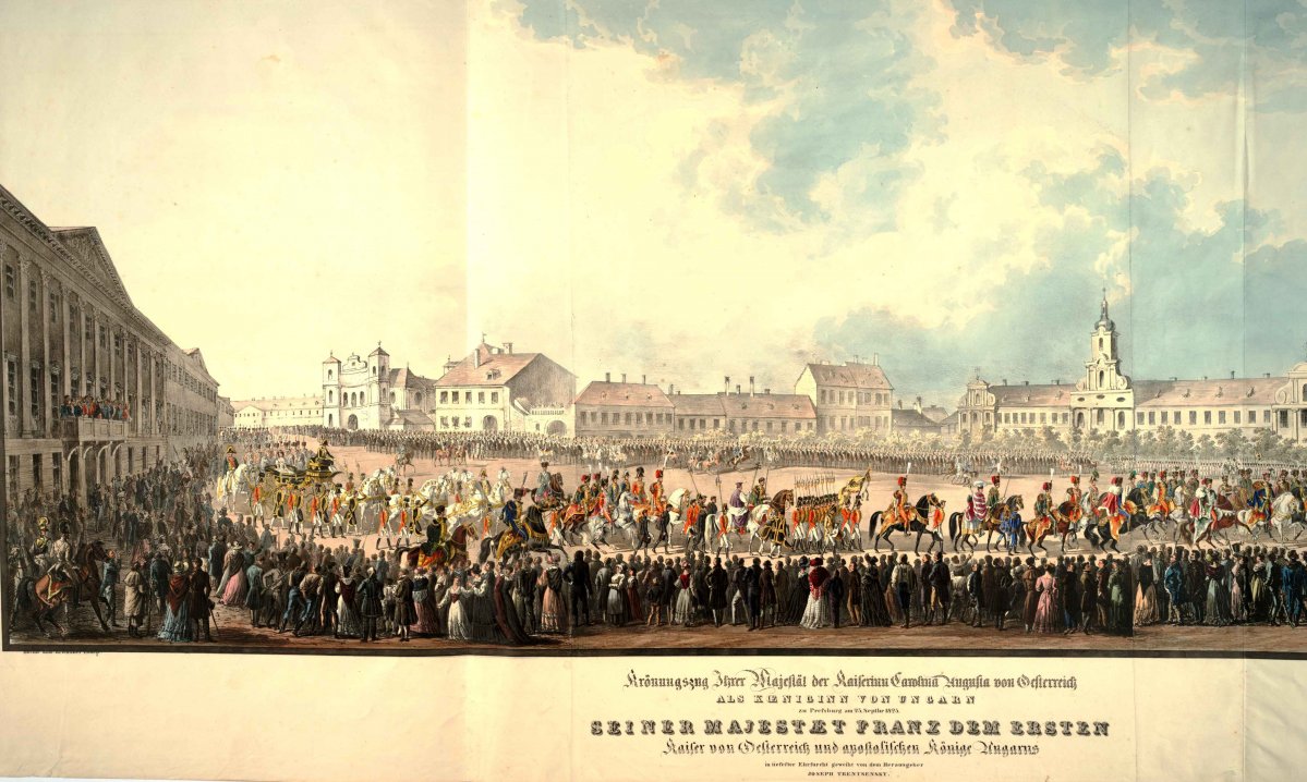 Karolina Auguszta osztrák császárné, magyar és cseh királyné menetének vége Pozsonyban, 1825. szeptember 25. Kaiserinn_Carolina_Augusta_von_Oesterreich_als_Koeniginn_von_Ungarn_zu_Pressburg_am_25 (1)_1.jpg