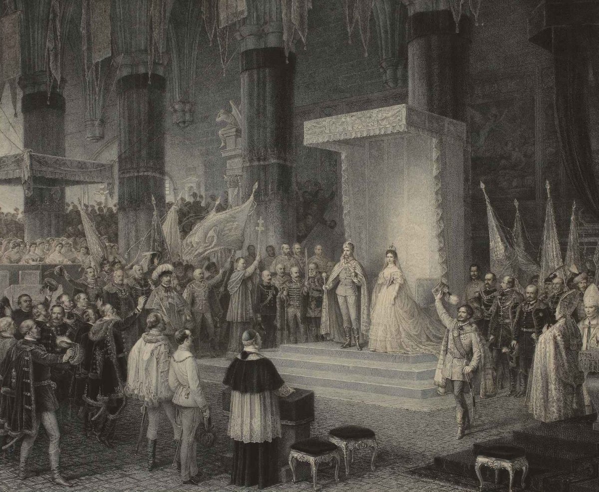 I. Ferenc József és Erzsébet megkoronázása 1867. június 8-án a budavári Mátyás-templomban. Doby Jenő rézmetszete Engerth Ede festménye nyomán (Forrás: Magyar Nemzeti Múzeum TK Grafikai Gyűjtemény, lt. sz.: 11162) TK_GR_11162_Nr001_1.jpg