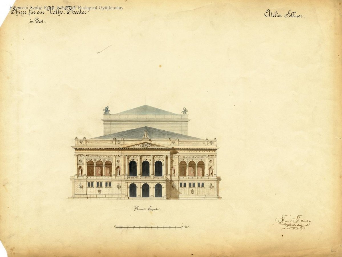 Egy korai, 1872-es látványterv ifjabb Ferdinand Fellnertől, akinek bécsi építészirodája kapta a megbízást a színházépület terveinek kidolgozására (Forrás: FSZEK Budapest Gyűjtemény) népszínház-3.jpg