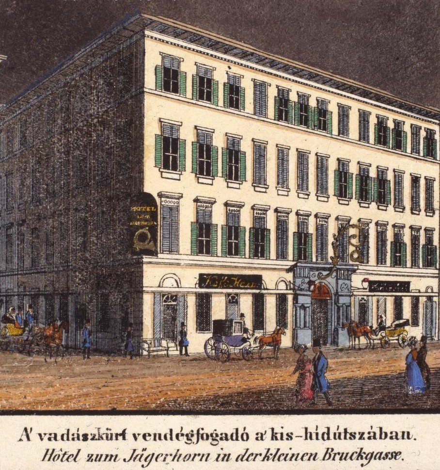 A Vadászkürt vendégfogadó 1837-ben Carl Vasquez rajzán (Forrás: FSZEK Budapest Gyűjtemény) FSZEK_AN040719.jpg