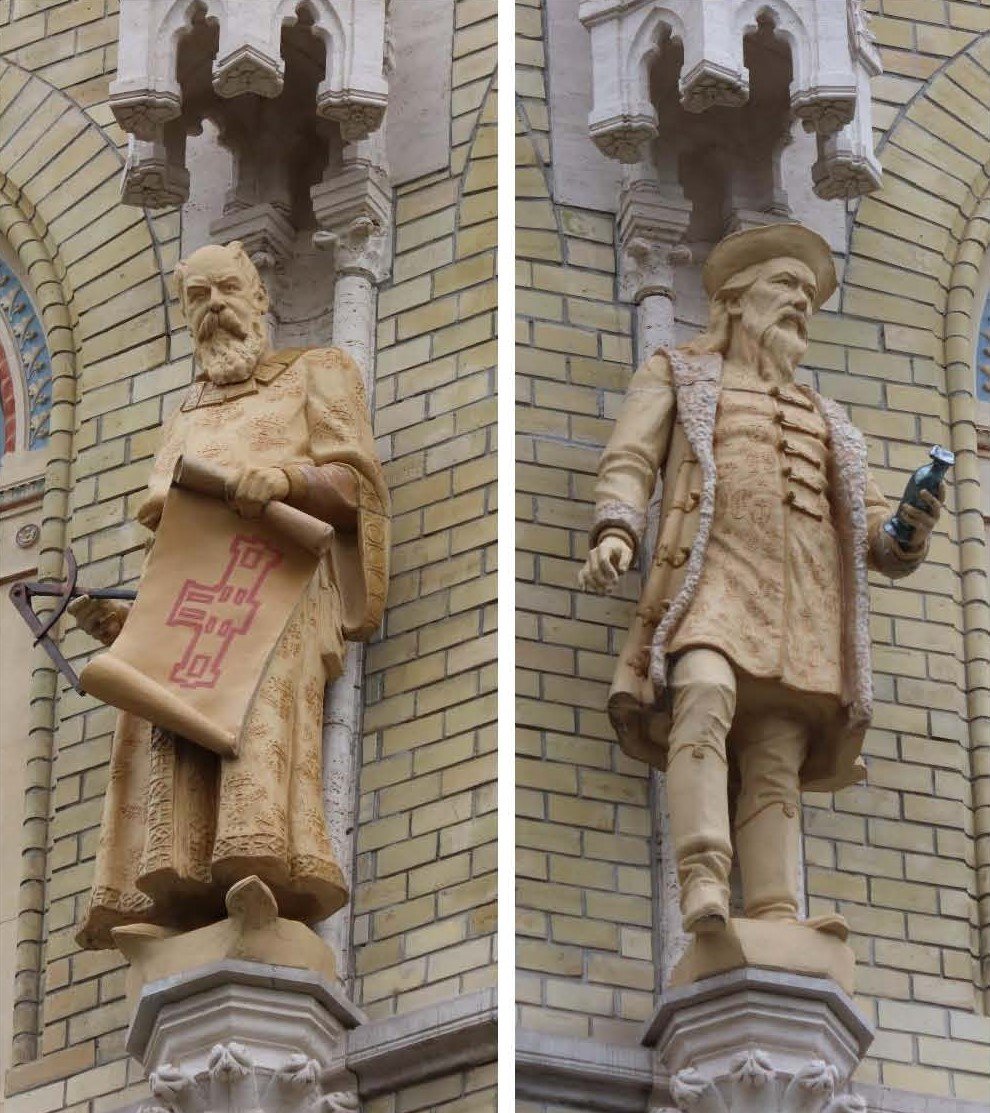 A homlokzatot napjainkban Steindl Imre (balra) és Zsolnay Vilmos (jobbra) szobrai díszítik (Fotó: Dubniczky Zsolt/pestbuda.hu) steindl zsolnay.jpg